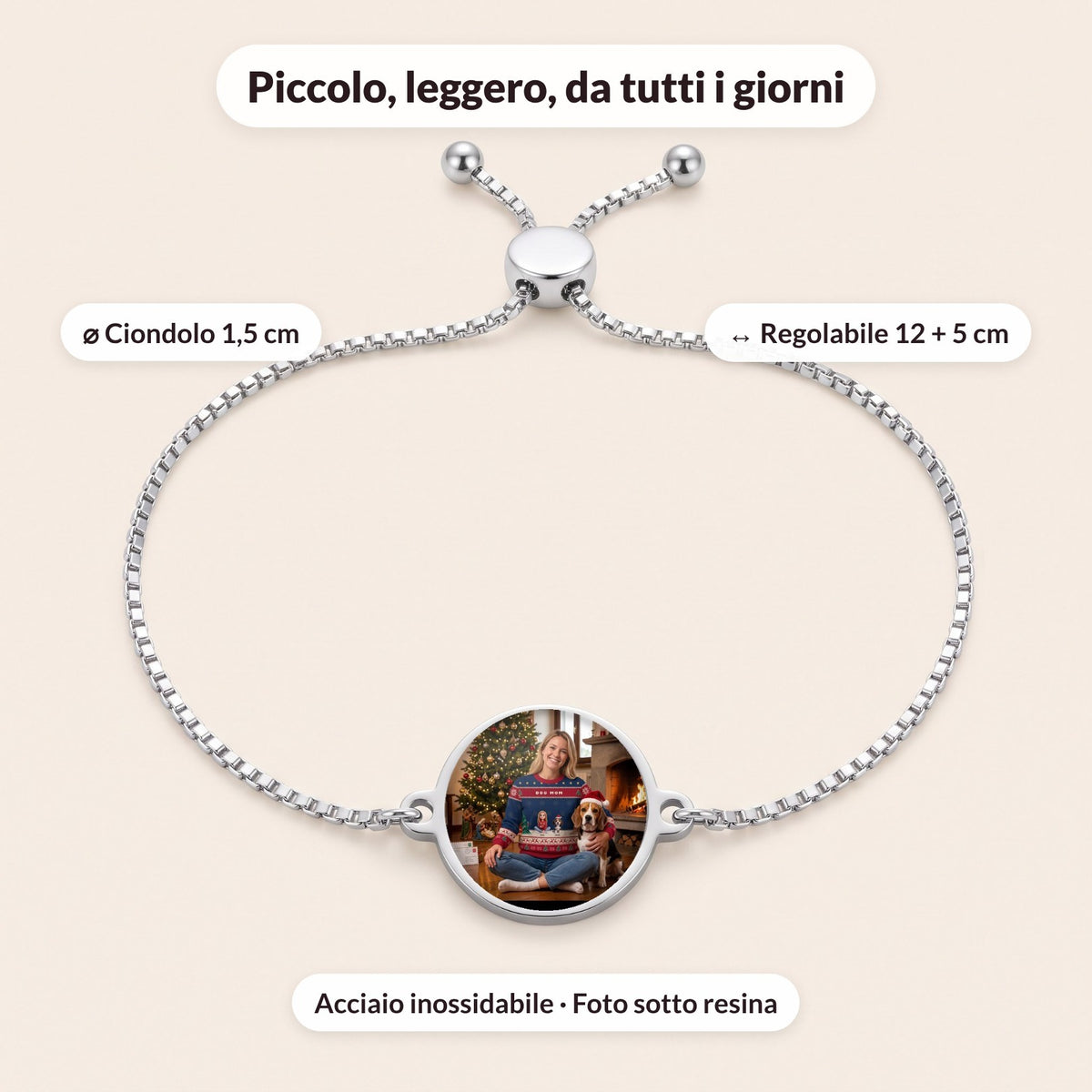 Dettagli: ciondolo 1,5 cm, catena regolabile, acciaio inossidabile