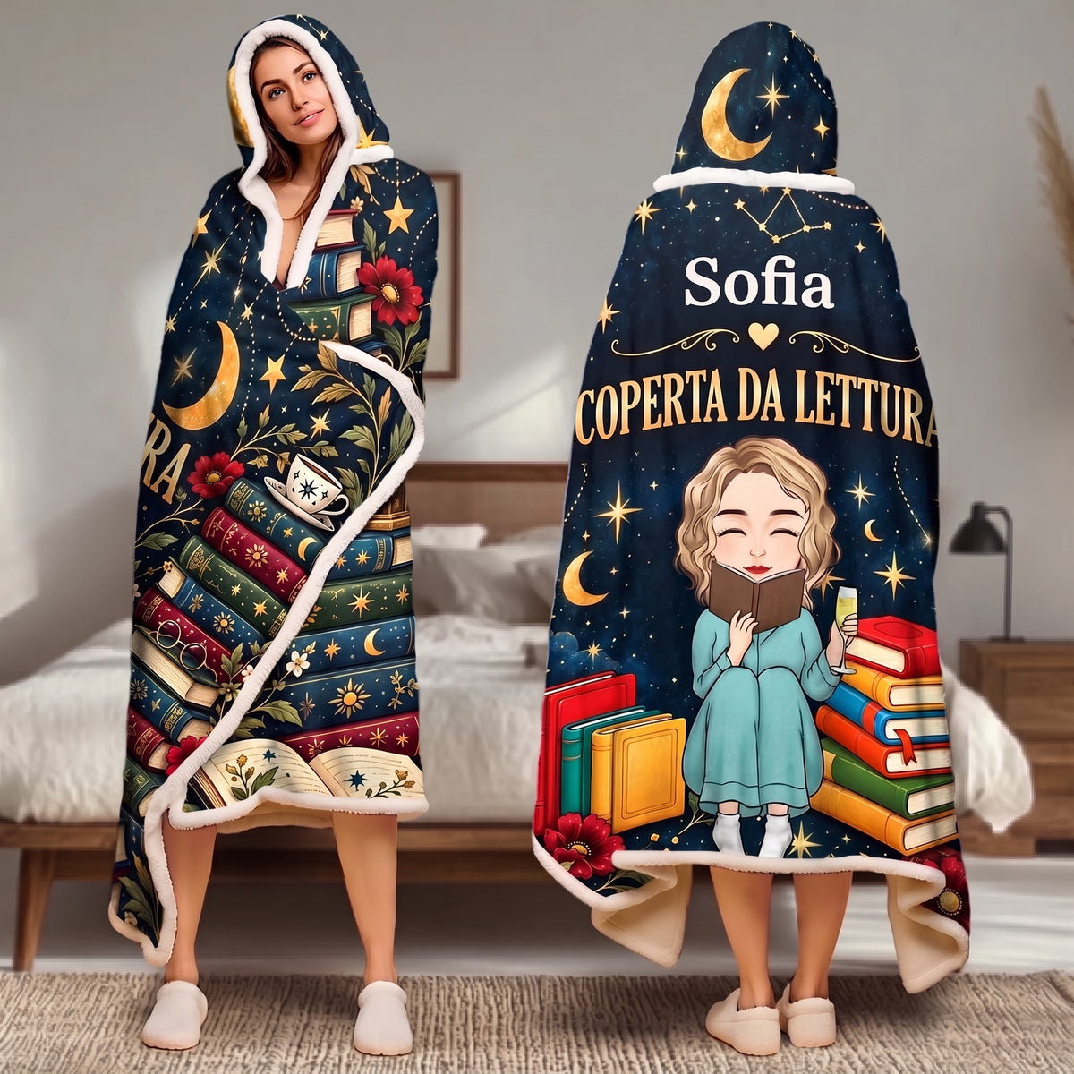 Coperta con cappuccio da lettura indossata