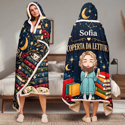 Coperta con cappuccio da lettura indossata