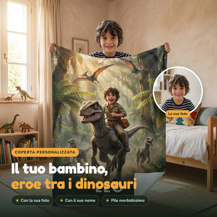 Coperta Personalizzata «Avventura Dino» con Foto e Nome