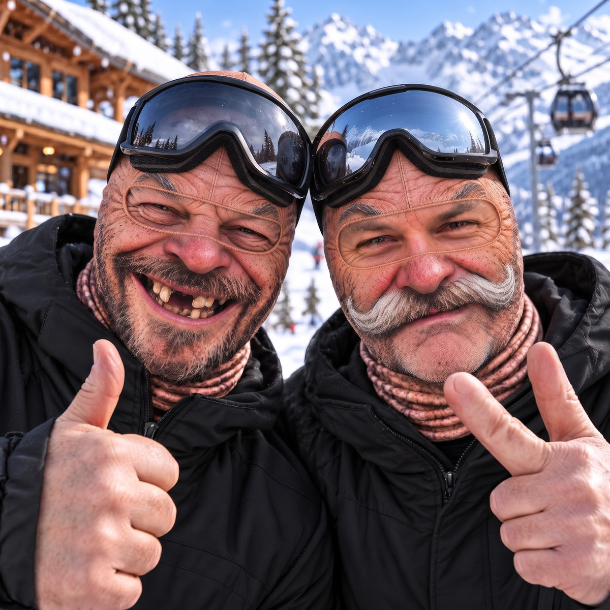Due amici con il passamontagna divertente Facciatosta sulle piste