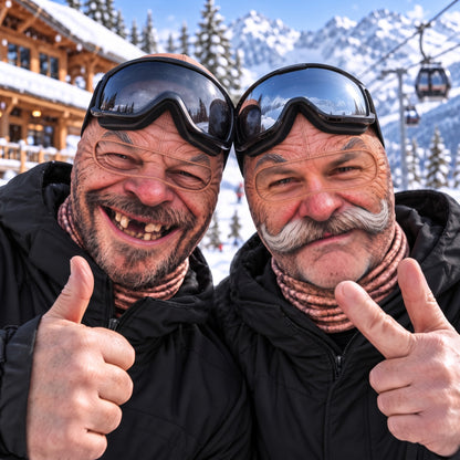 Due amici con il passamontagna divertente Facciatosta sulle piste
