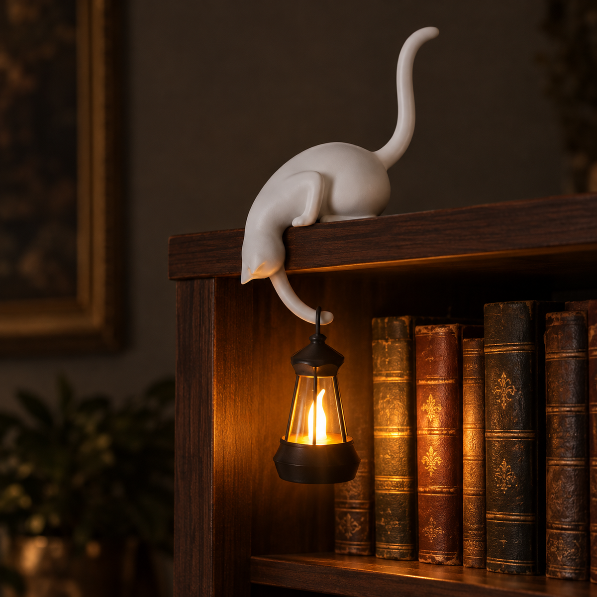 Lumicio bianco con lanterna accesa sulla libreria