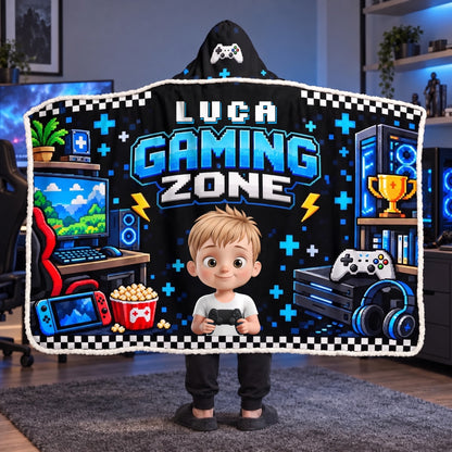 Coperta con cappuccio gaming personalizzata con nome e personaggio bambino