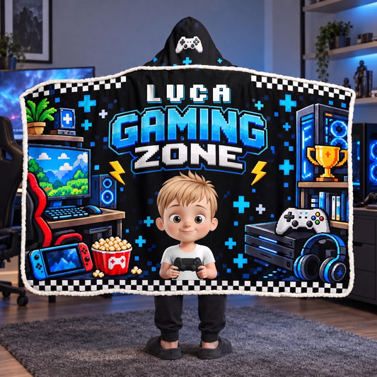Coperta con cappuccio gaming personalizzata con nome e personaggio bambino