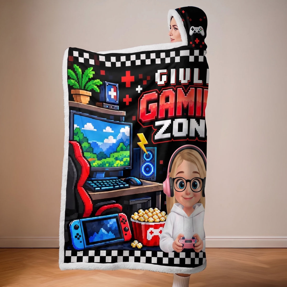 Coperta con cappuccio gaming rossa indossata