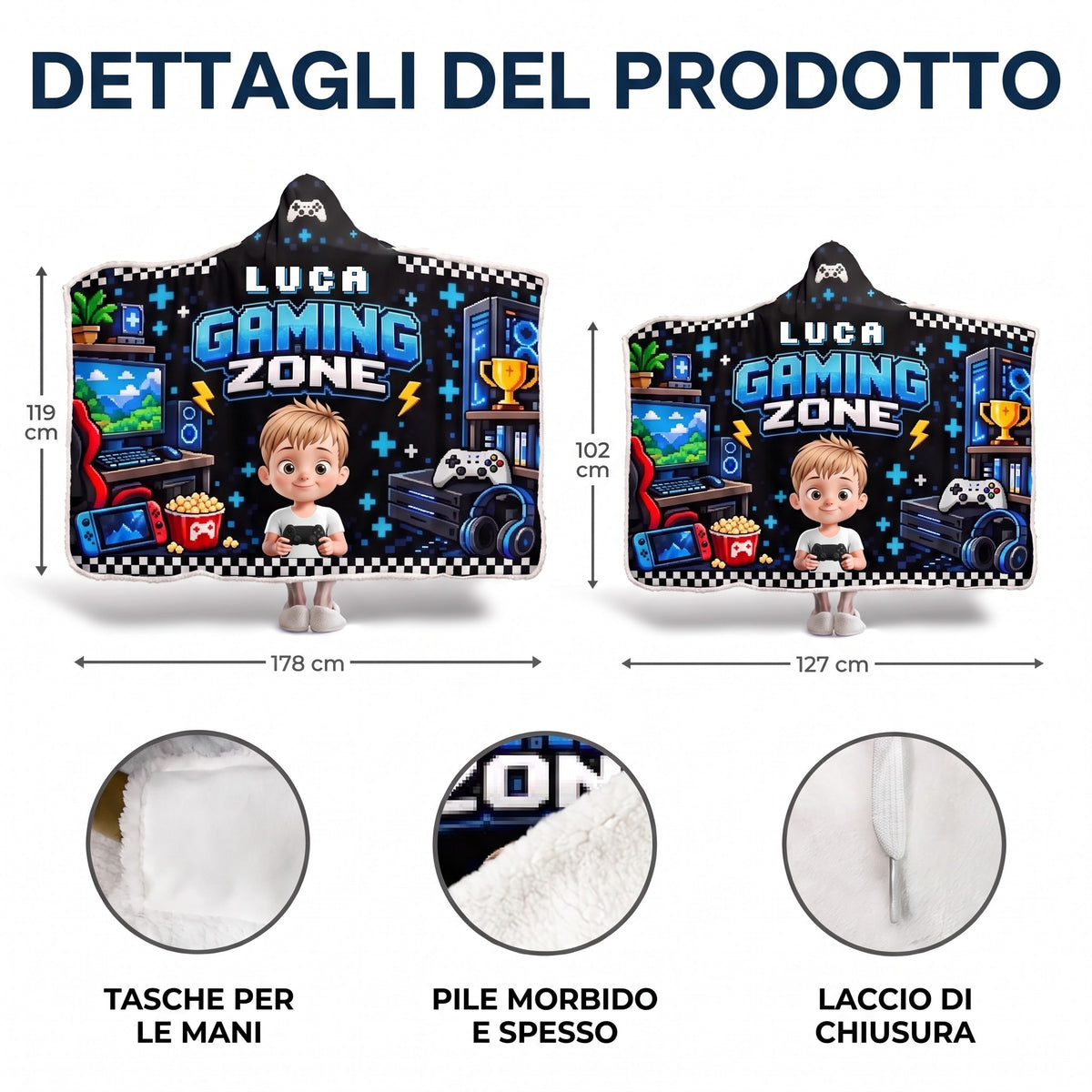 Dettagli della coperta con cappuccio: tasche, pile, laccio