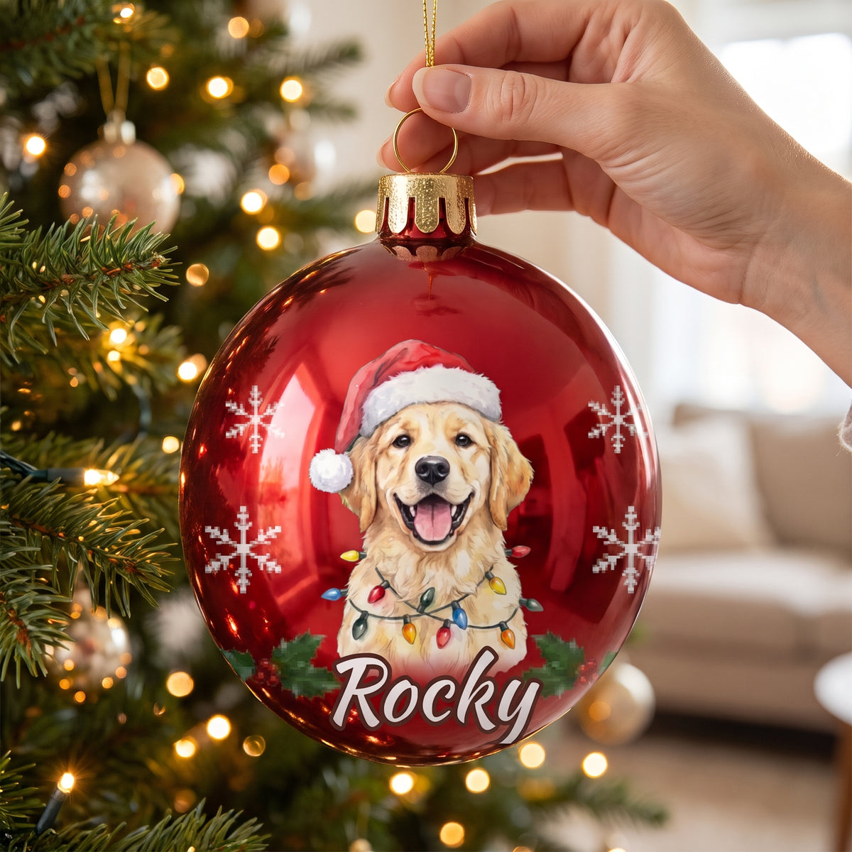 Pallina di Natale rossa con la foto del cane e il nome