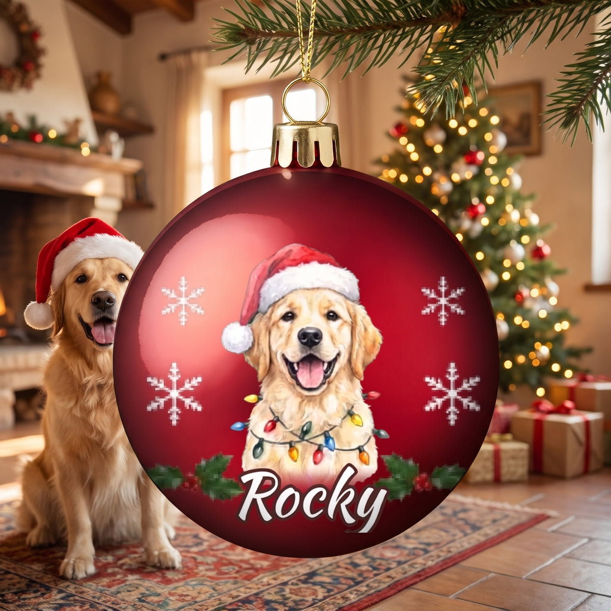 Pallina di Natale con il ritratto del cane appesa all'albero