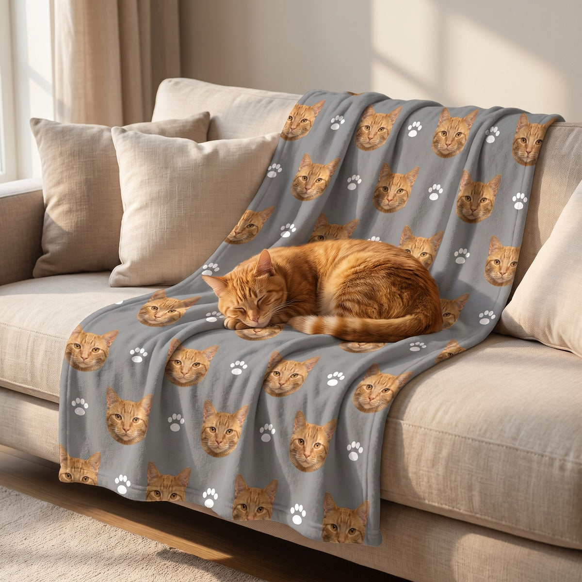 Gatto rosso che dorme sulla coperta grigia con zampette sul divano