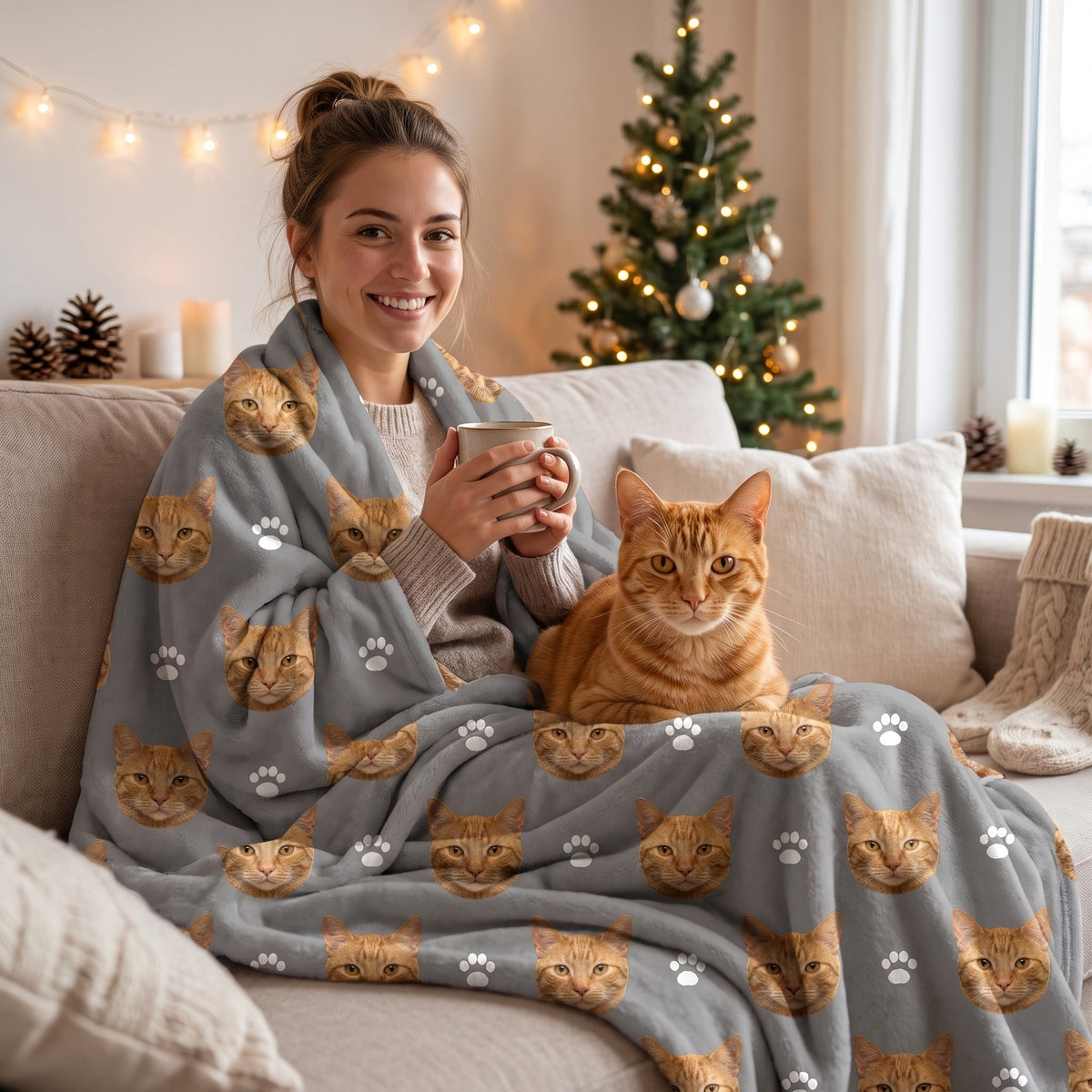Donna avvolta nella coperta con il suo gatto a Natale