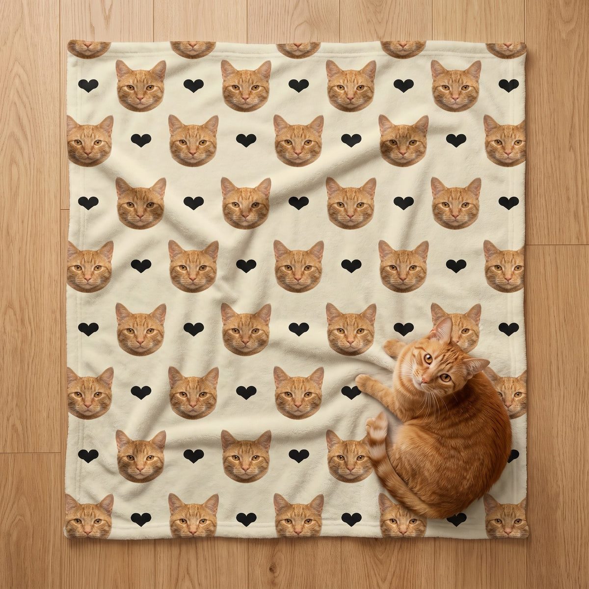 Coperta beige stesa sul pavimento con il gatto