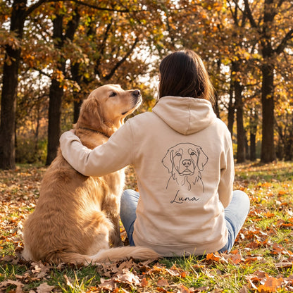 Felpa con cappuccio personalizzata con ritratto del cane e nome, color sabbia