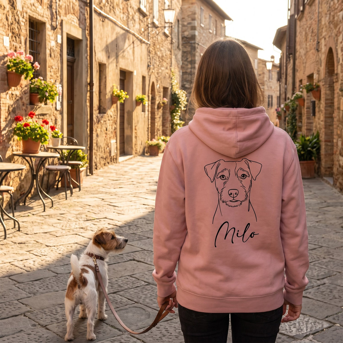 Felpa dog mom rosa con ritratto line art del cane