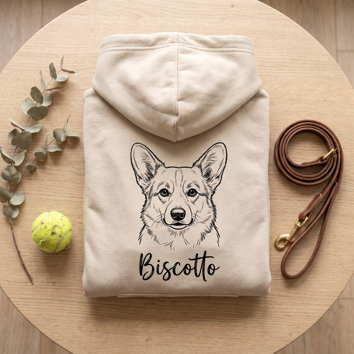 Felpa sabbia piegata con ritratto del corgi